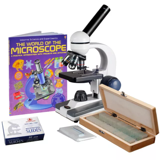 AmScope 40X-1000X Portable Student Compound LED Microscope Kit w/Book 100 Slides
