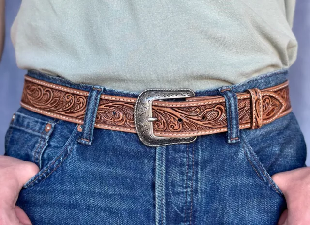 GENUINE LEATHER WESTERN Men's Belt Embossed Handmade With Removable ...