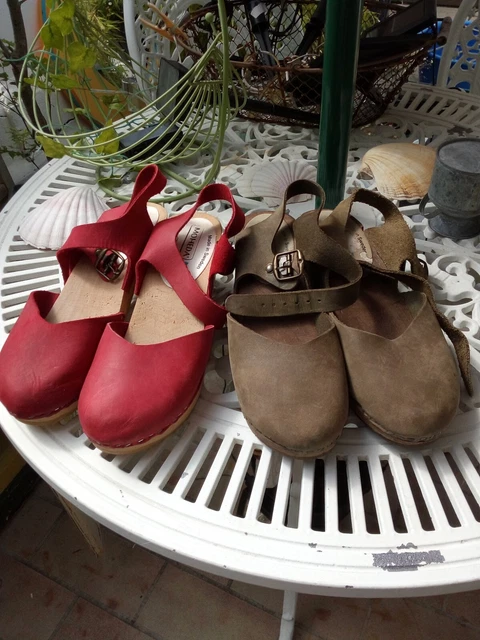 SABOTS Suédois MOHEDA X 2 Paires , Bois Et Cuir Rouge Talon UE 38 UK 5 2