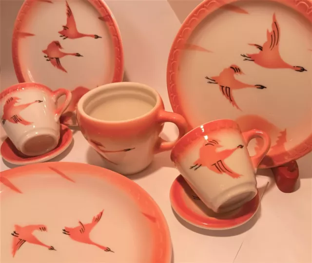 8pcs vtg Milwaukee Road Railroad syracuse china plate demitasse cup pink geese