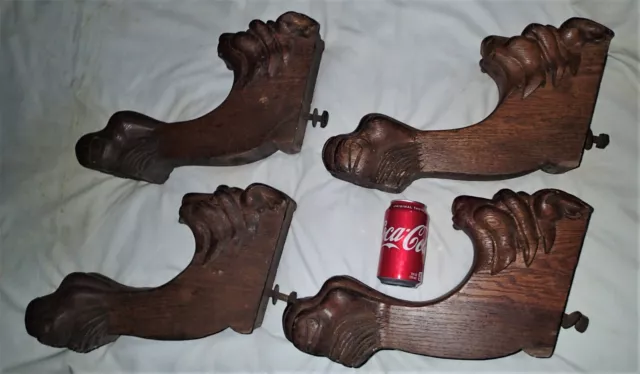 Set Antique Architectural Carved Lion Face Mask Wood Arm Chair Bracket Sculpture