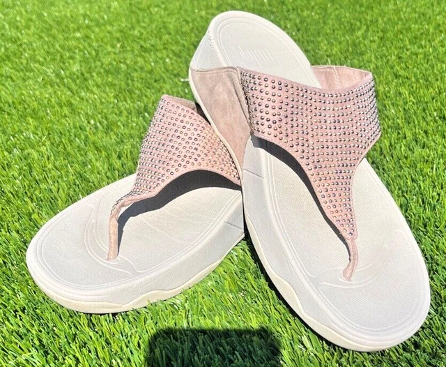 Fitflop LuLu Leather Thong Flip Flop Rose Gold Silver Studded Sandals Women's 9