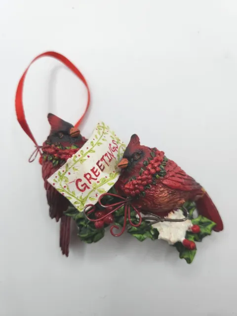 Red Birds Cardinal Resin Christmas Ornament Holly and Pine Cone Greetings