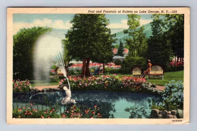Lake George NY-New York, Pool And Fountain At Huletts, Vintage c1949 Postcard