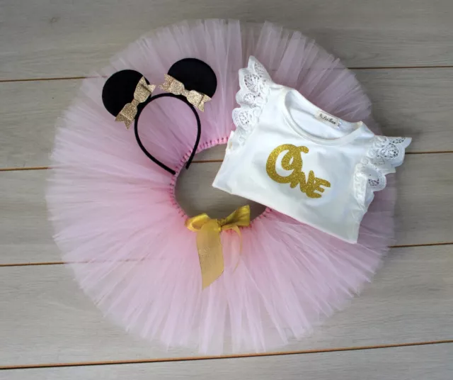 Pink & Gold Minnie Mouse Cake Smash Outfit - 3 Piece First Birthday Baby Girl