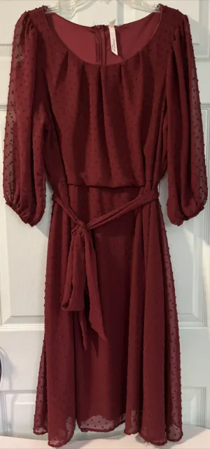 NY Collection Women’s Knee Length Maroon Dress Size 2X Lined Sheer Eyelet Sleeve