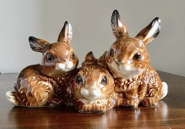 GOEBEL W. Germany Three Brown Bunnies Rabbits Porcelain Figurine Sculpture