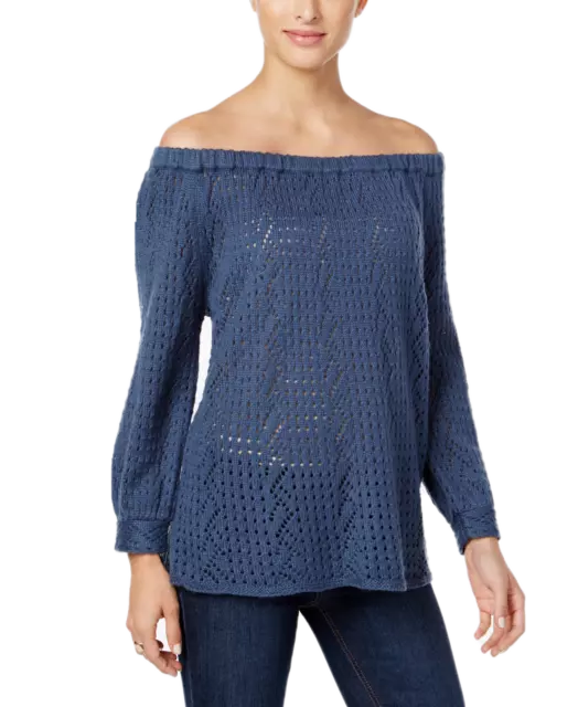 Style & Co Women's Off-The-Shoulder Open-Knit Sweater (Large, New Uniform Blue)