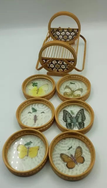 Lot De 5 Dessous De Verre (sous-bocks) En Osier/rotin - Motif Papillon - Ancien/vintage - Occasion