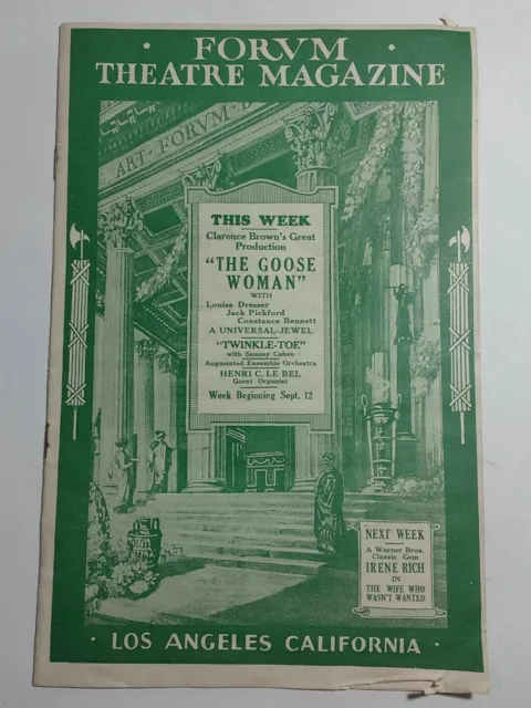 Rare 1925 FORUM THEATRE Los Angeles CA Silent Movie Program The Goose Woman Vtg