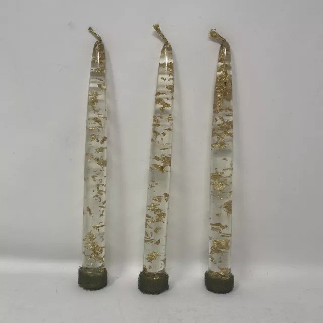 Vintage MCM Lucite Acrylic Clear Gold Fleck Confetti 8” Taper Candles (3)