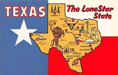 Postcard TX: Texas The Lone Star State, Cartoon Map, Unposted