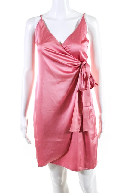 Elle Lauri Womens Satin V-Neck Wrap A-Line Sadie Dress Bubblegum Pink Size S