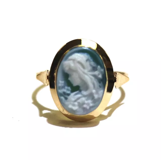 18K YELLOW GOLD Blue cameo Agate carved lady womens bezel set ring band ...