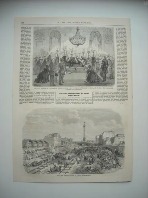 Gravure 1860. Paris. Travaux D’abaissement Canal Saint Martin. Duchesse Stephani