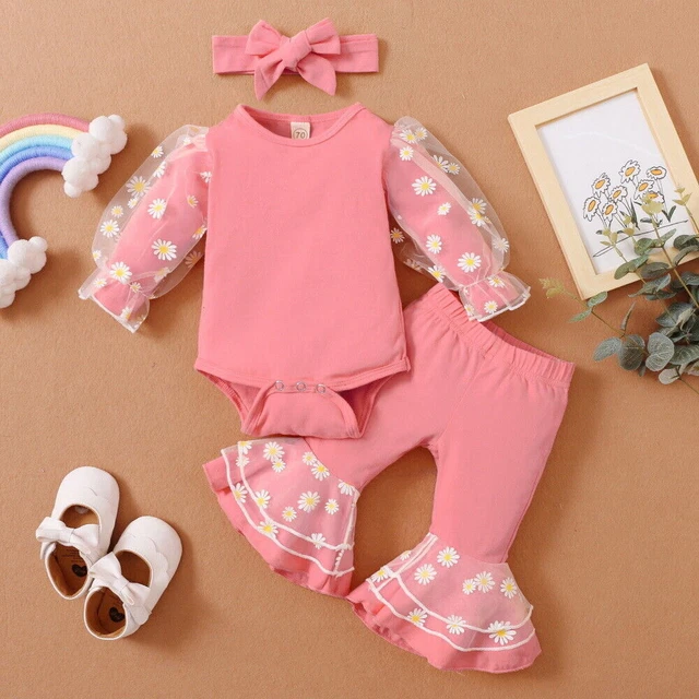 Newborn Baby Girls Bodysuit Clothes Pants Floral Romper Top Headband Outfits Set 6