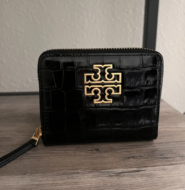 NWT! Tory Burch Britten Croc Embossed Medium Zip Around Wallet $248 Black