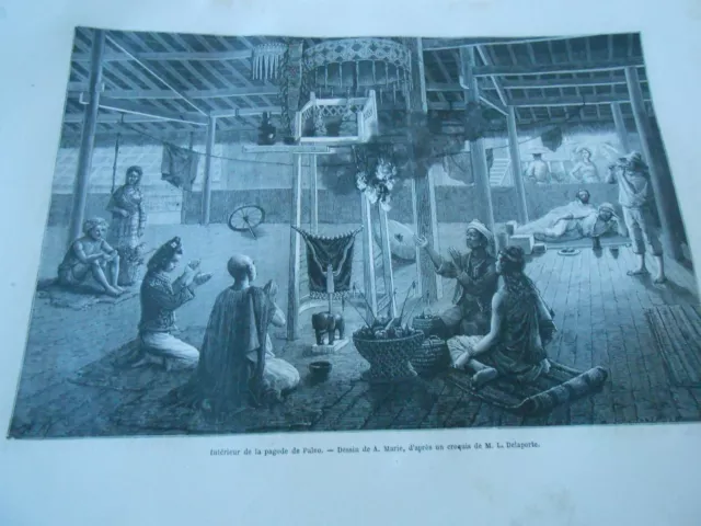 Gravure 1872  Indo Chine Intérieur de la pagode de Paleo