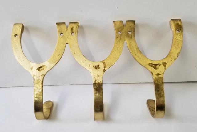 Vintage Solid Brass Horses Horseshoe Wall Hanger 3 Hooks with mounting screws 2
