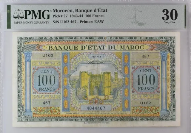 Morocco 100 Francs 1943-44 P.#27 PMG 30 Very Fine
