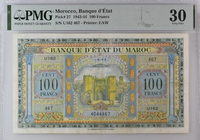 Morocco 100 Francs 1943-44 P.#27 PMG 30 Very Fine