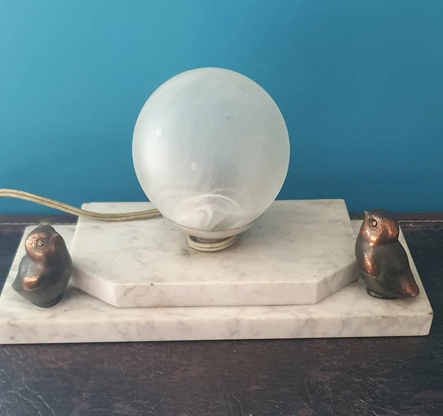 Lampe De Chevet Ancienne Paon - Laiton Et Marbre - Style Art Déco - Occasion