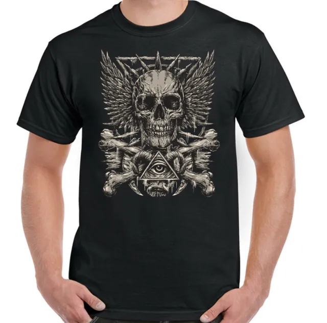 T-shirt heavy metal teschio da uomo gotica biker tatuaggio rock chitarra musica ali angelo