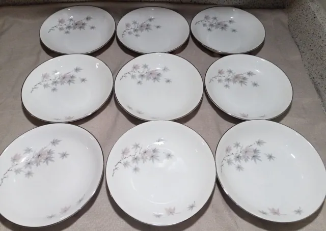 9 Hira Fine China Silver Maple 4202 7.5" Coupe Soup Bowls Pink & Gray Leaves EUC