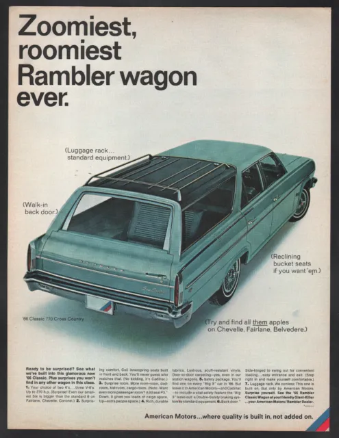1966 Rambler print ad blue Classic 770 Cross Country Station Wagon