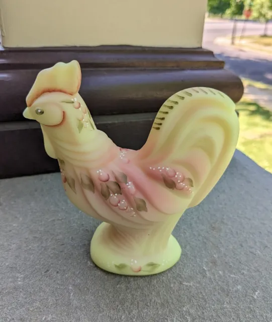 Fenton Rooster Hand Painted  Burmese 5.25 Inch Tall Rooster Uranium
