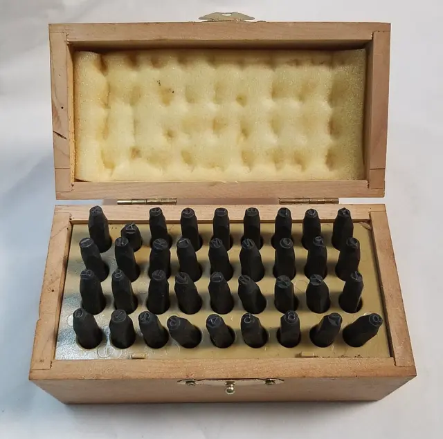 Vintage 36 Piece Letter & Number Steel Punch Set w/ Wood Box (Item #8005)