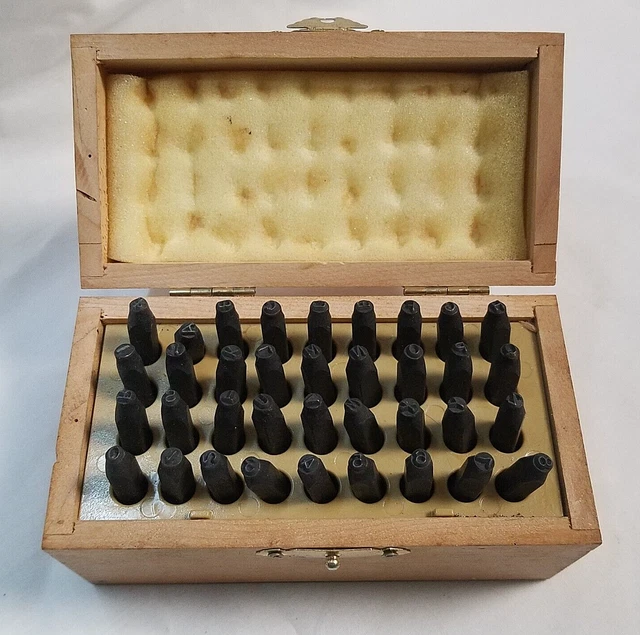 Vintage 36 Piece Letter & Number Steel Punch Set w/ Wood Box (Item #8005)