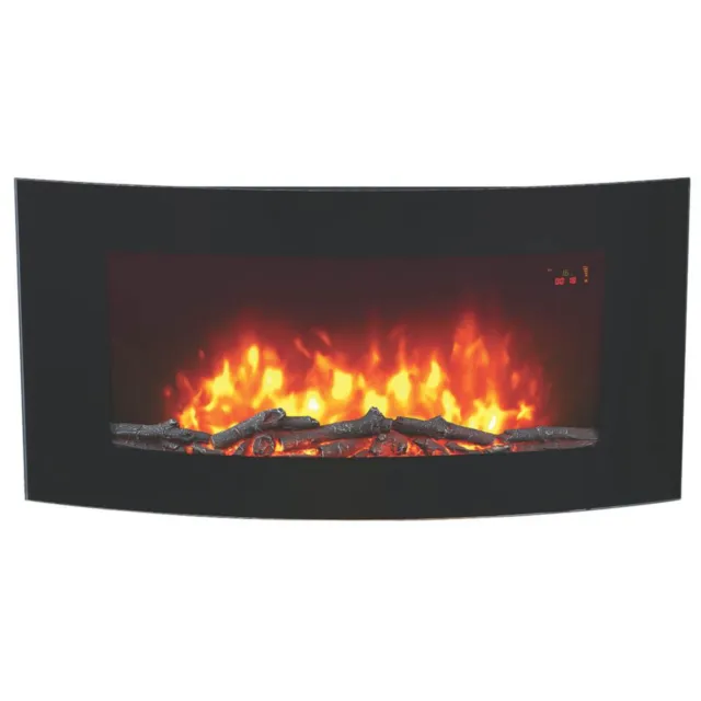 Electric Fire Black Log Effect Wall Mounted Fireplace Heater 2kW Remote Control