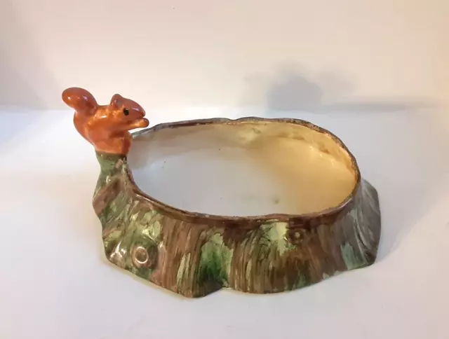 Older Collectible Majolica TREE Stump Bowl Squirrel Brown Green Brush Paint