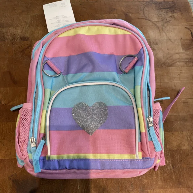 Pottery Barn Kids Fairfax Small Pink Purple Stripes Backpack Glitter Heart READ