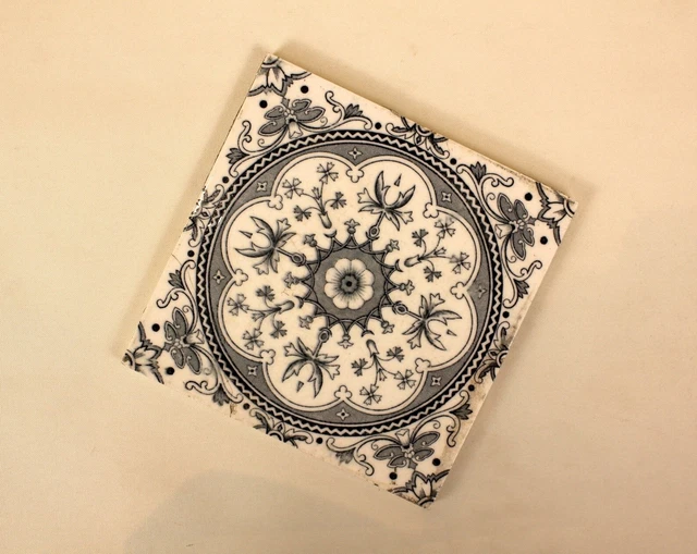 Pair of Ornate Antique Vintage Decorative Reclaimed Fireplace Ceramic Tiles 2