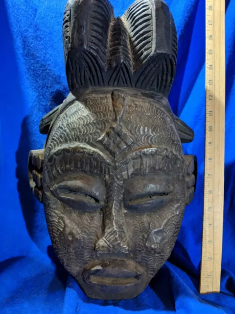 Large Heavy Mask with Hammered Metal Face — Authentic Carved Wood African Art