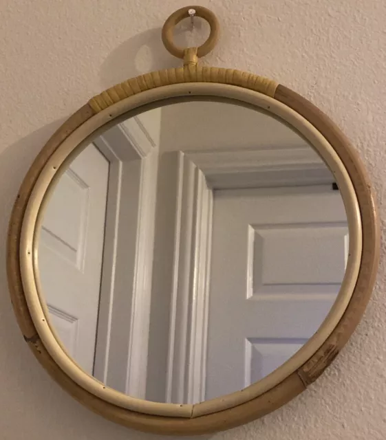 Accent Mirror Natural Wood Bamboo Framed Wall Mirror Round Beach Decor 13.5” NWT