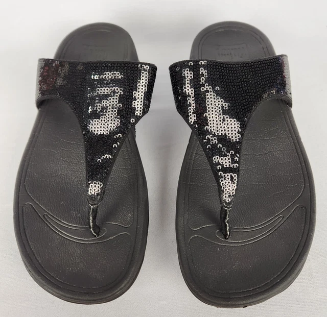 FitFlop LULU Black Sequins Shiny Thong Wedge Sandals Women's Sz 7 A18-001