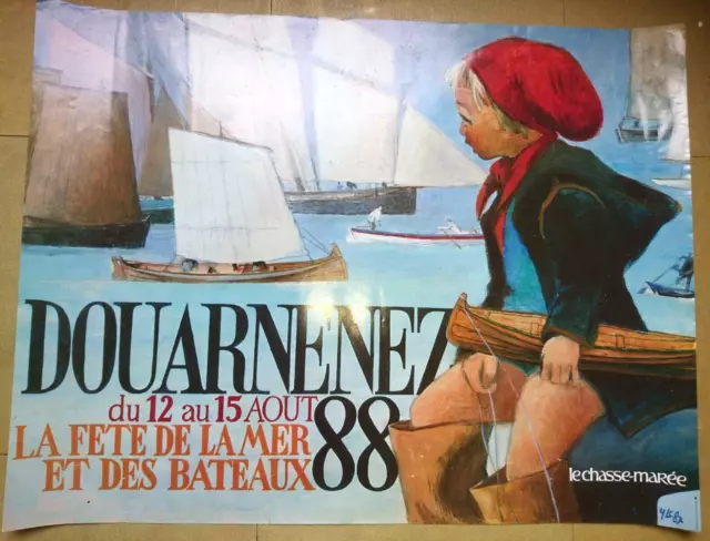 Ancienne Lithographie Affiche Douarnenez 1988 Bretagne Fete De La Mer Et Bateau