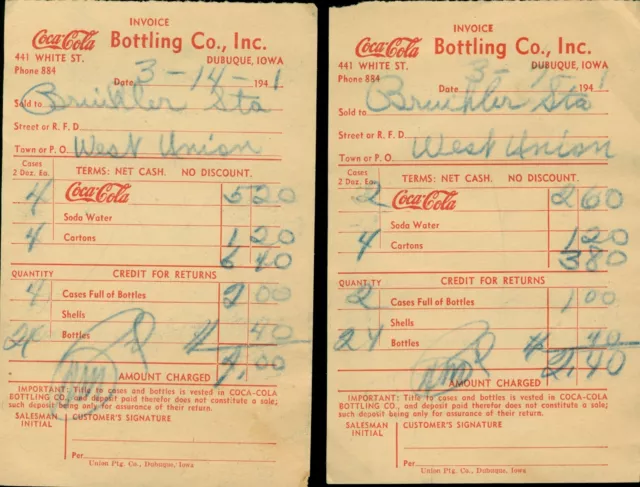 1941 Coca-Cola COKE Bottler Receipt Pair Dubuque West Union IA Bruihler Gas Sta.