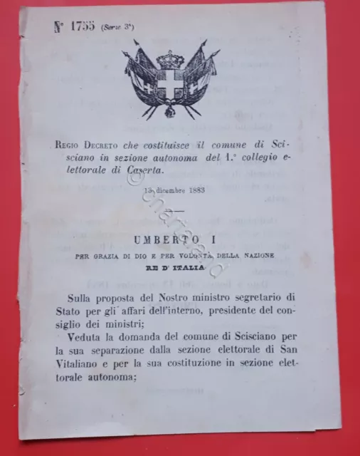 Decreto Regno Italia Costituzione comune di Scisciano in sezione di Caserta 1883