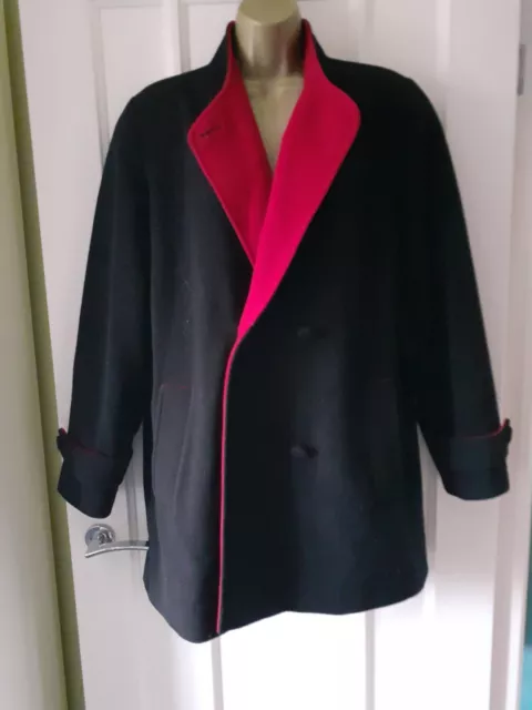 Ladies Classic Black with Red Lining 3/4 Length Wool Coat - Size 14 - EWM