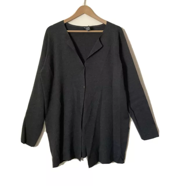 EILEEN FISHER 100% Merino Sweater L Wool Cardigan Long Sleeve Black Large READ