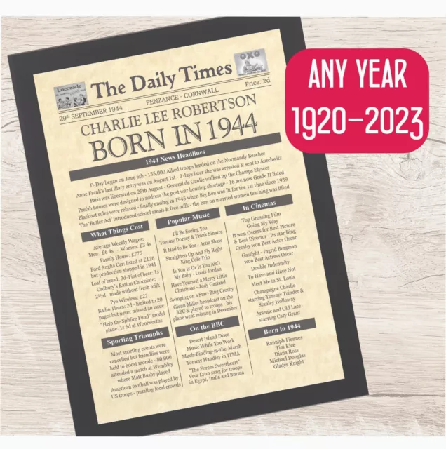 80th Birthday Gift - Personalised Day You Were Born Print - 1944 Gifts Men Women