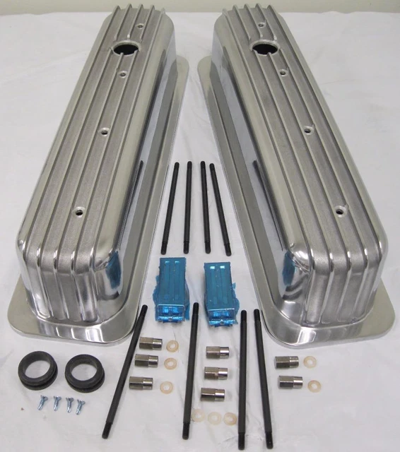 CENTER BOLT CHEVY Polished Aluminum Finned Tall Valve Rocker Covers 305