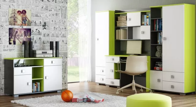 4pc CHILDREN TEENS FURNITURE SET DESK WARDROBE CHEST OF DRAWERS green white BOY