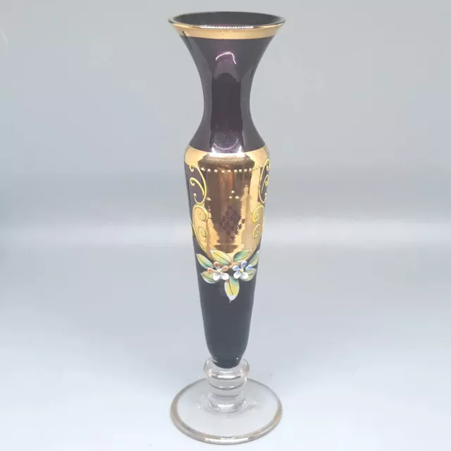 Vintage Czech Bohemian Amethyst Glass Vase Gold Floral Hand Painted