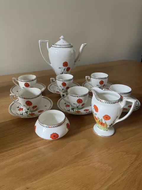 15 piece Crown Ducal Art Deco Tea/Coffee set Hand-painted poppy pattern c1930