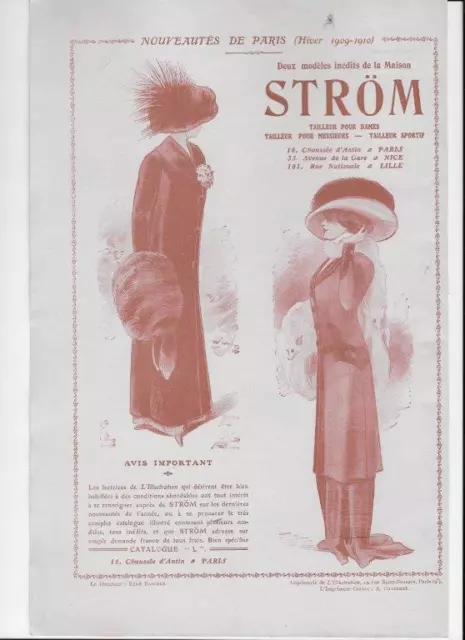 Publicité ancienne 1909 Ström Paris mode vêtement manteau Pub 19,5 x 29 advert